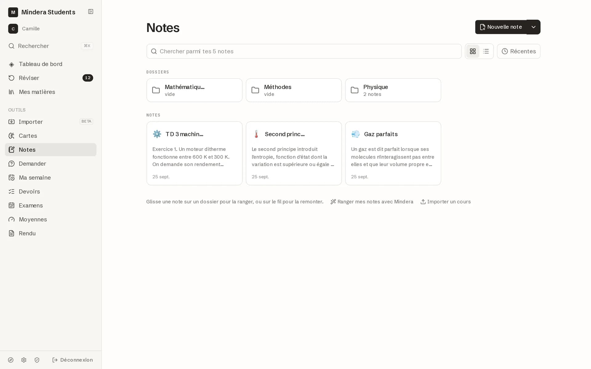Les notes rangées par dossier